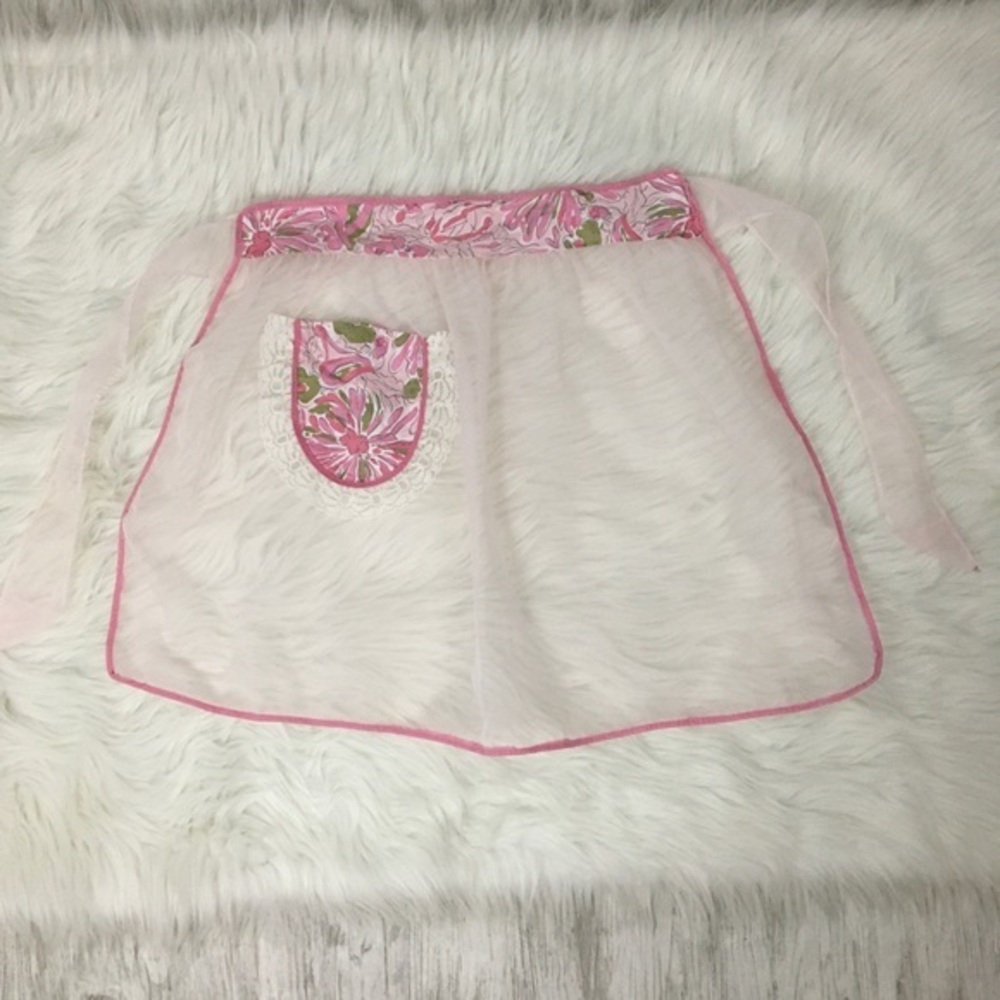 Vintage Pink Half Apron Sheer Chiffon Abstract Lace Tie Back Hostess - Picture 14 of 15